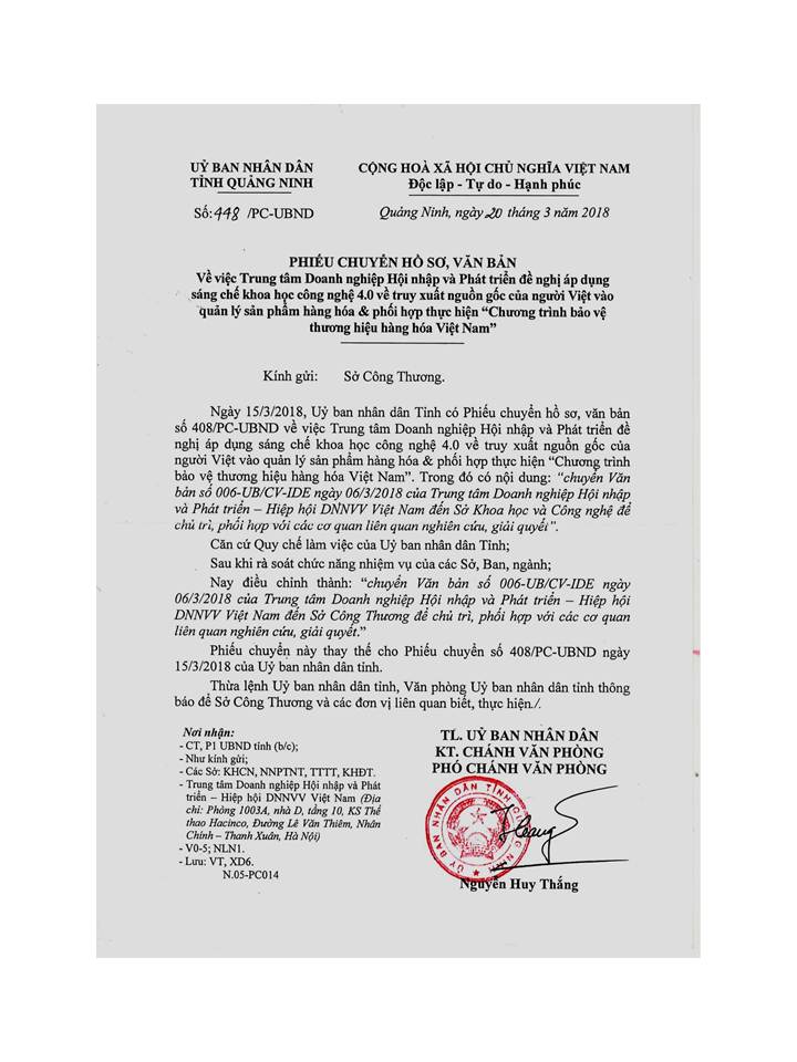 Số 448/PC-UBND Vv Trung tâm Doanh nghiệp Hội nhập và Phát triển đề nghị áp dụng sáng chế khoa học công nghệ 4.0 về truy xuất nguồn gốc của người Việt vào quản lý sản phẩm hàng hóa & Phối hợp thực hiện "Chương trình bảo vệ thương hiệu hàng hóa Việt Nam"