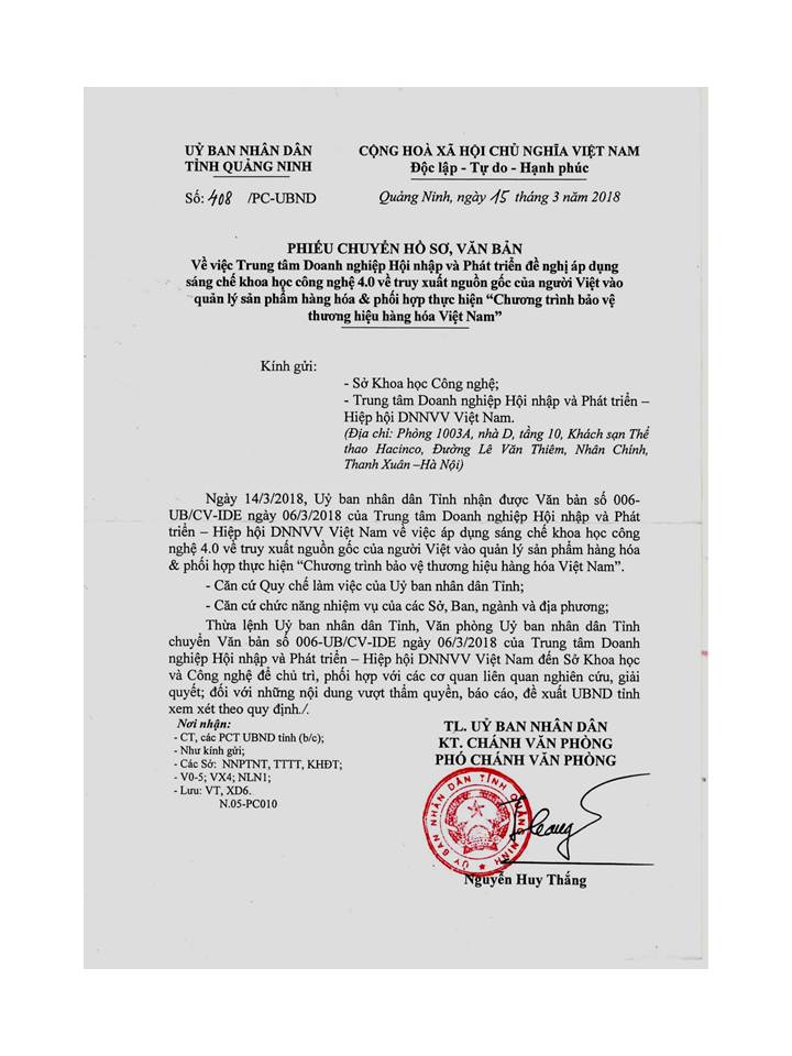 CV 408/ PC-UBND v/v Trung tâm Doanh nghiệp Hội nhập và Phát triển đề nghị áp dụng sáng chế khoa học công nghệ 4.0 về truy xuất nguồn gốc của người Việt vào quản lý sản phẩm hàng hóa & Phối hợp thực hiện "Chương trình bảo vệ thương hiệu hàng hóa Việt Nam"